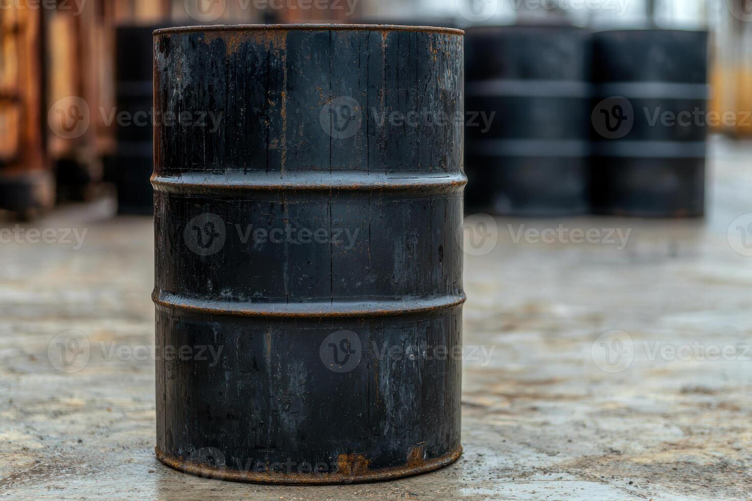 Vintage oil drum on wooden surface photo