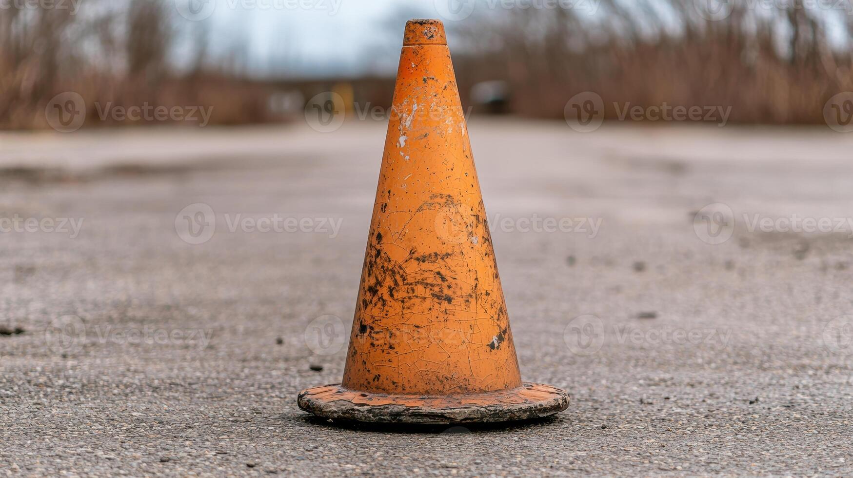 Weathered orange traffic cone on asphalt photo