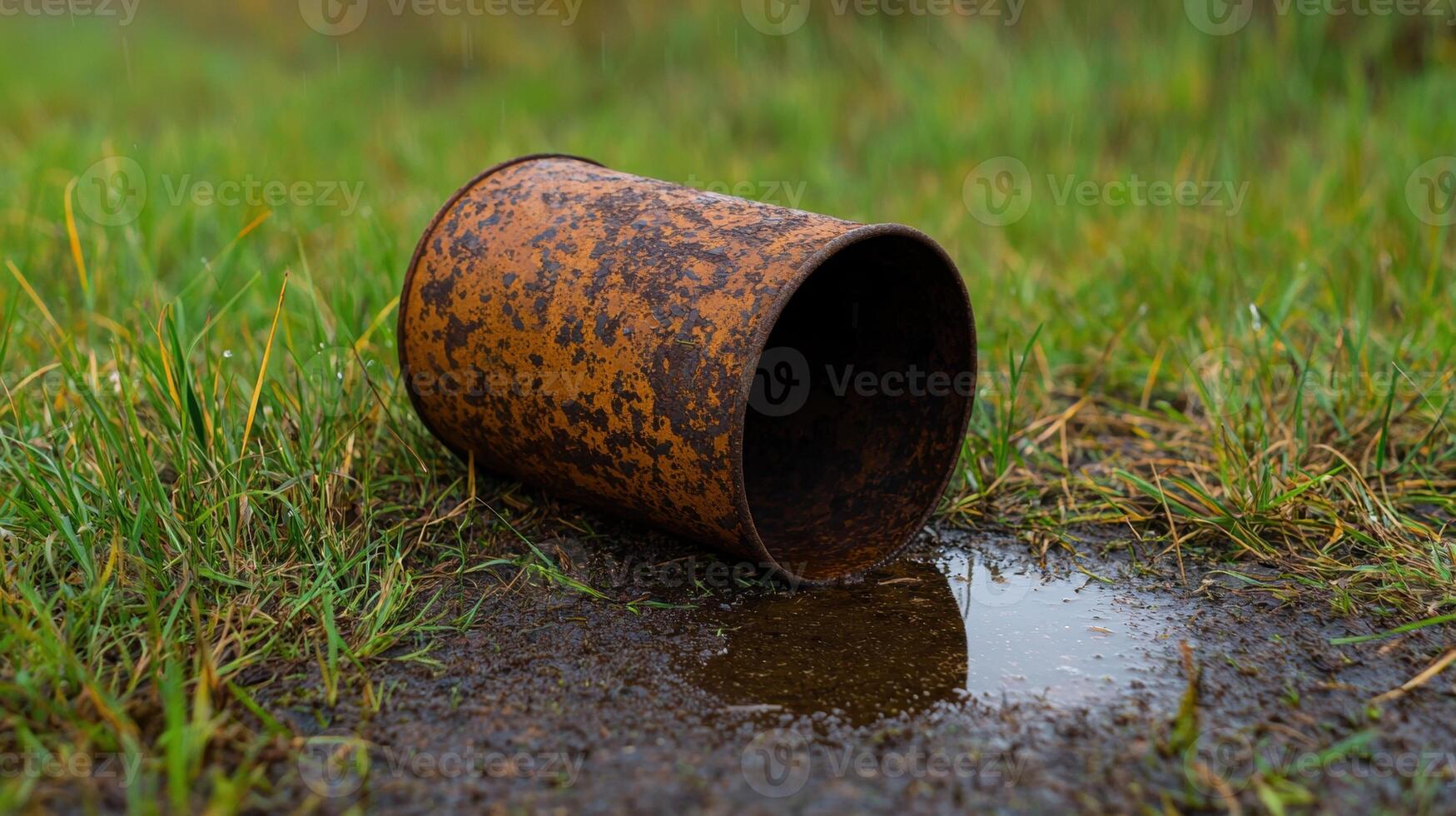 Rusty metal pipe in grass field photo