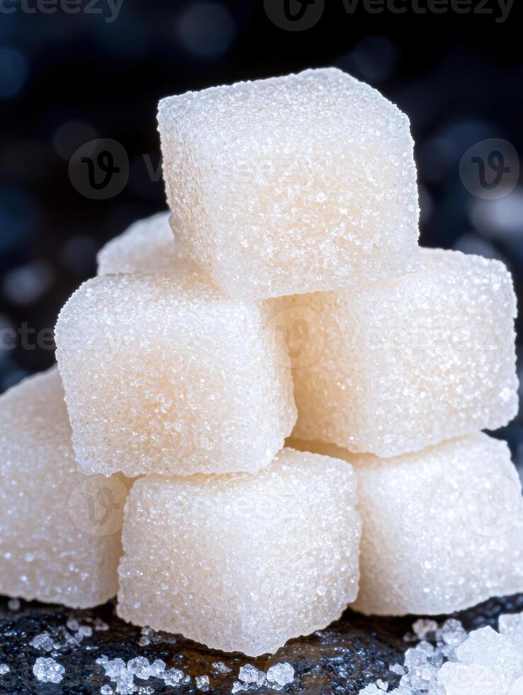 Pile of white sugar cubes on dark surface photo