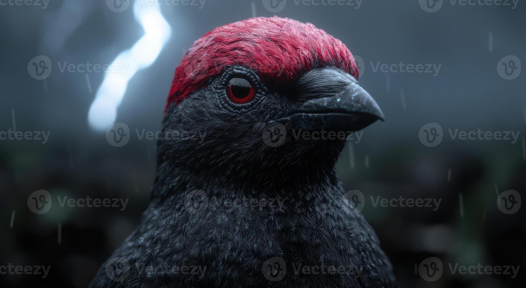 Close up portrait of a vibrant red crested black bird photo