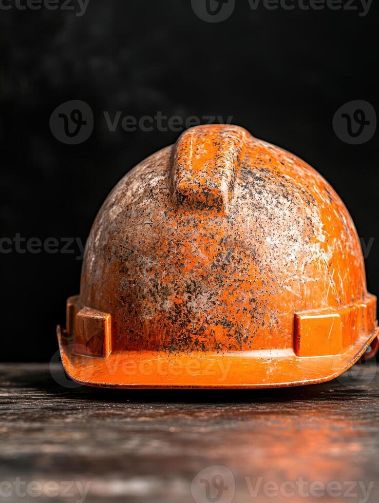 Worn and weathered construction hard hat on a dark background photo