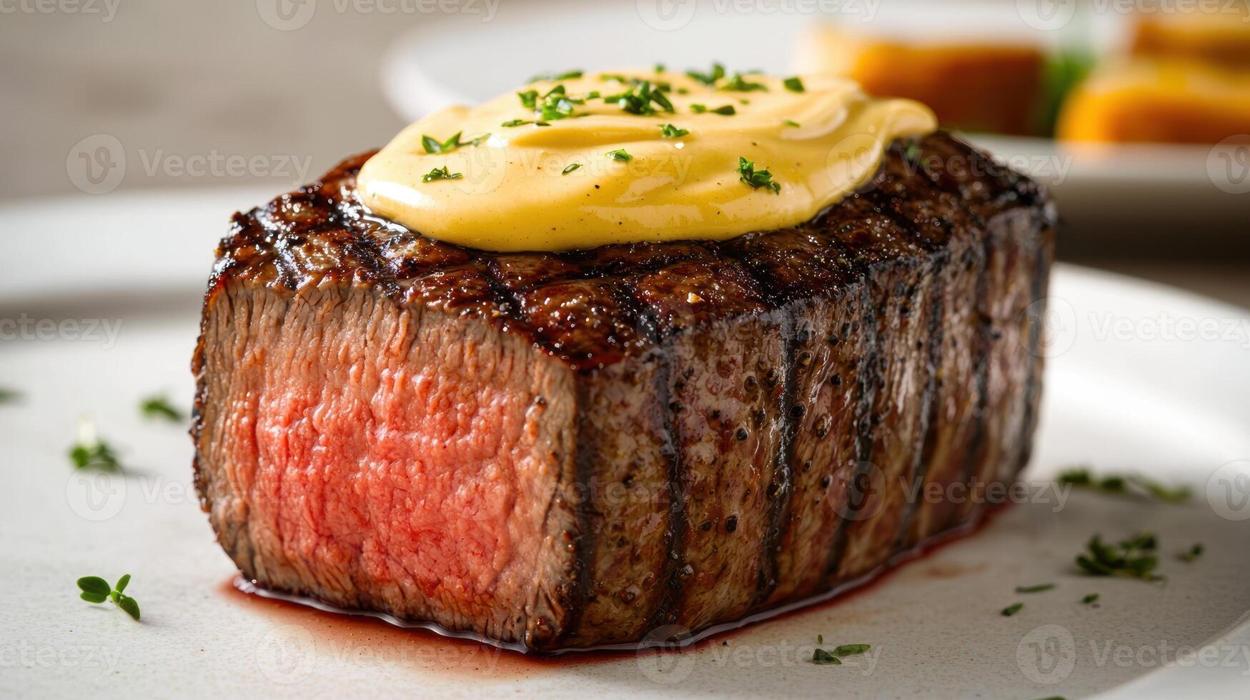 Juicy steak with creamy sauce and garnish photo