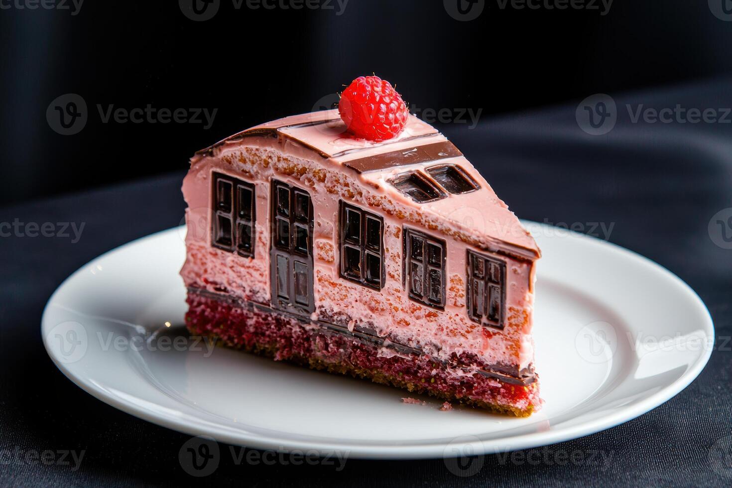Delectable chocolate raspberry cake slice on white plate photo