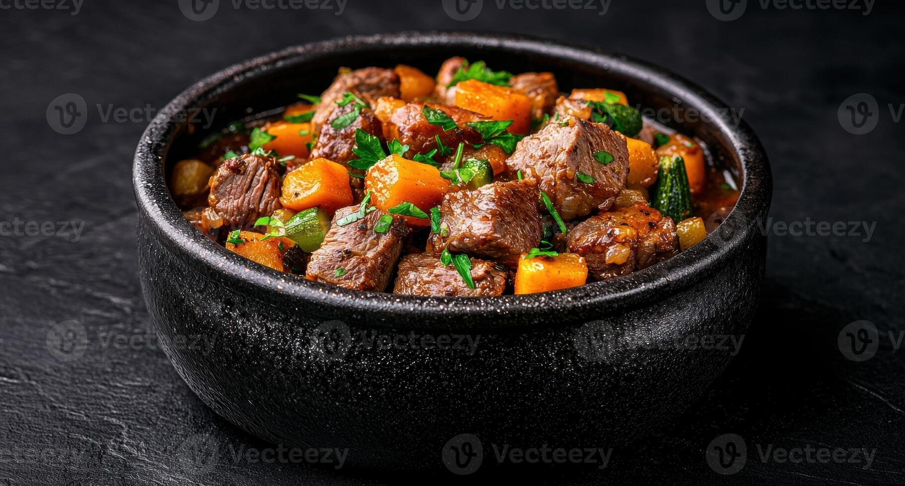 Hearty beef stew with vegetables in a dark bowl photo