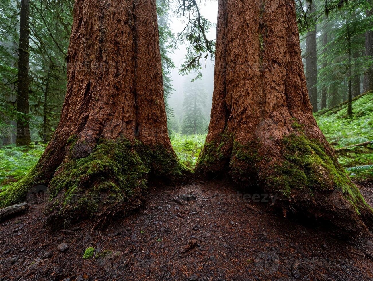 Majestic Redwood Trees in Misty Forest photo