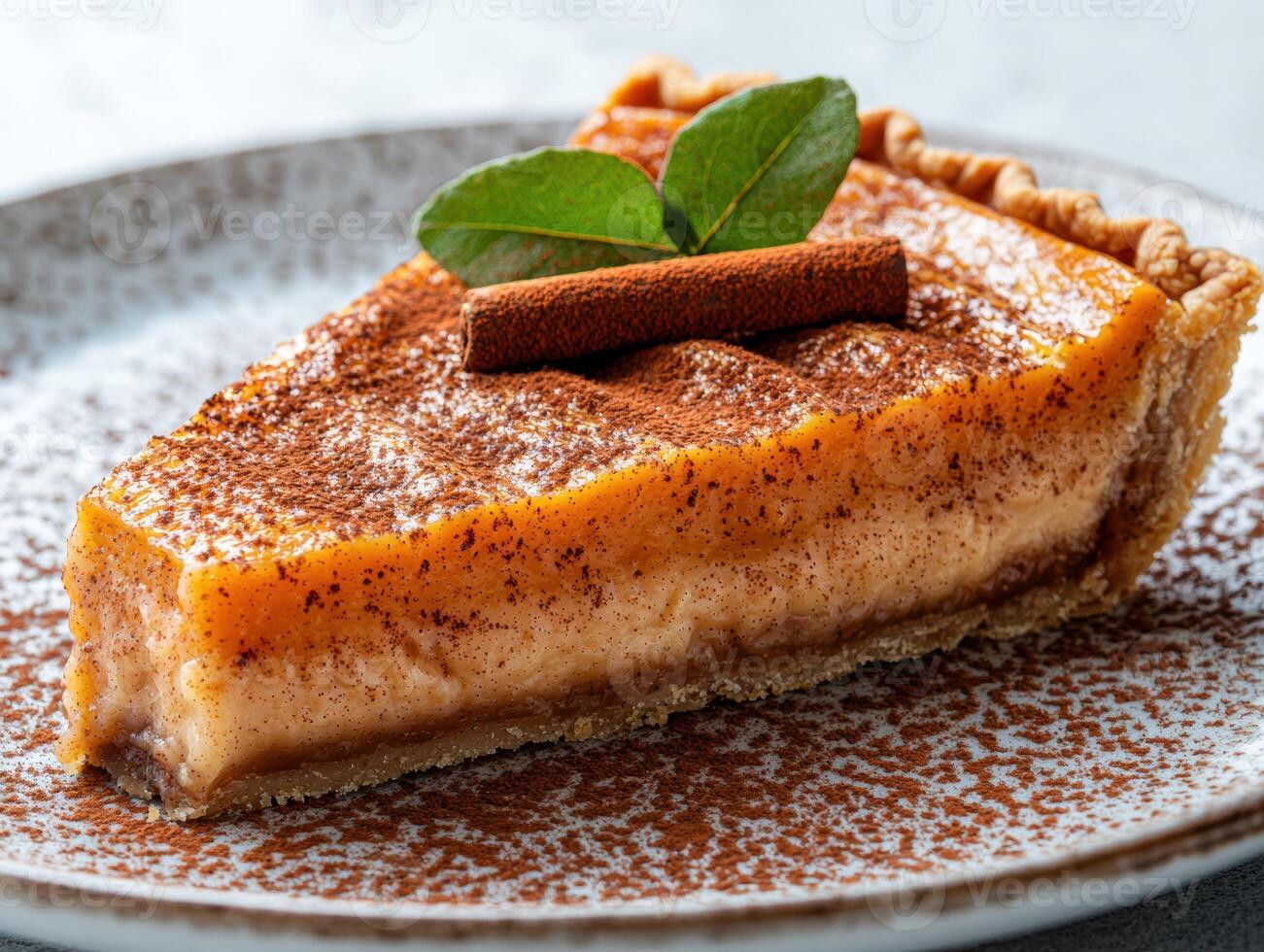 Delicious pumpkin pie with cinnamon and mint leaves photo