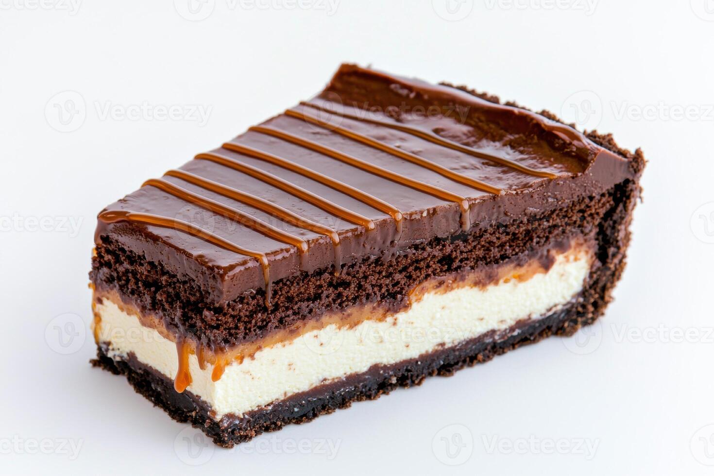 Decadent chocolate caramel cheesecake slice photo