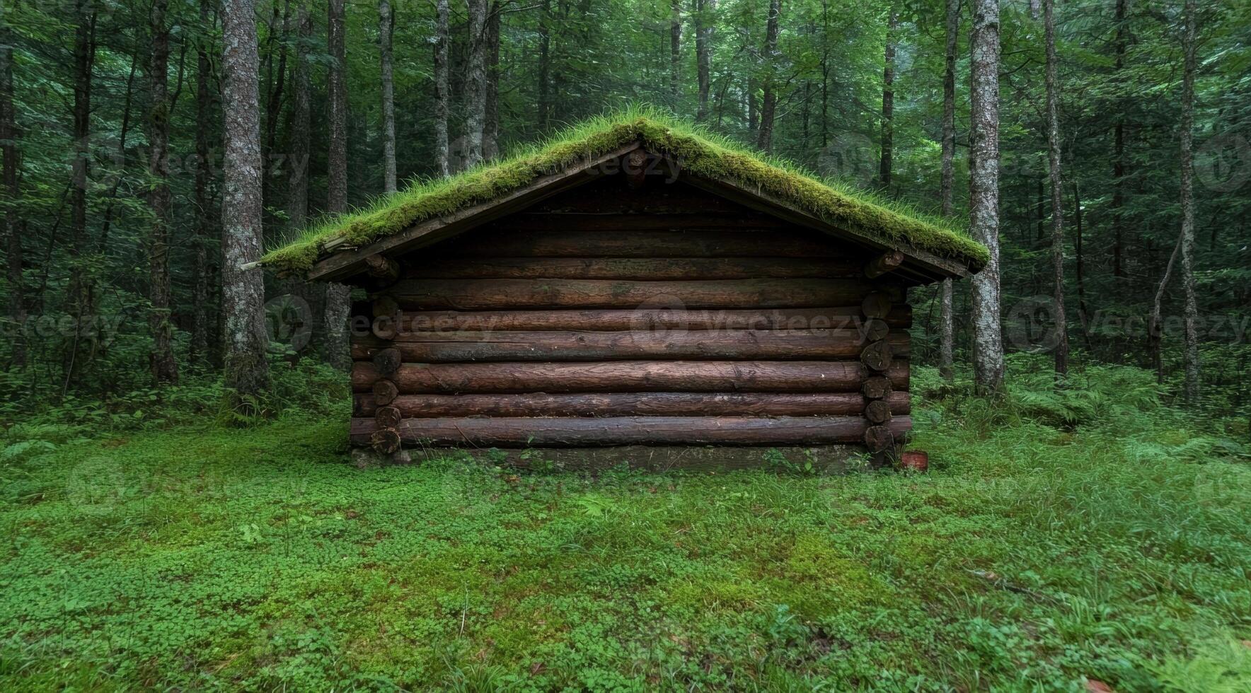 Rustic log cabin in lush green forest photo