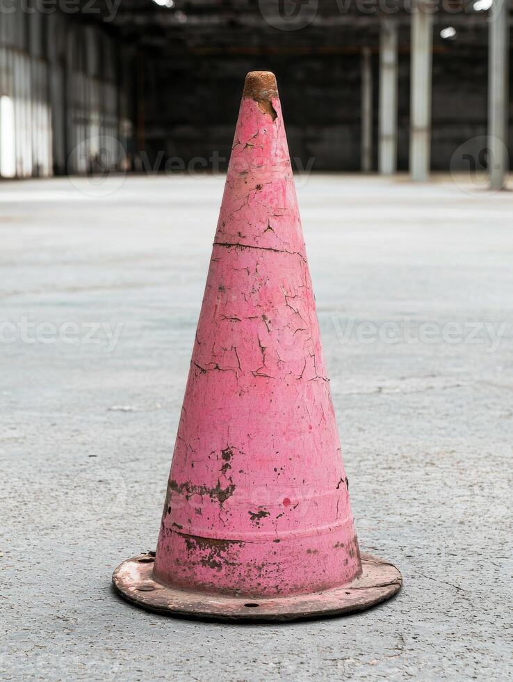 Weathered pink construction cone on concrete floor photo