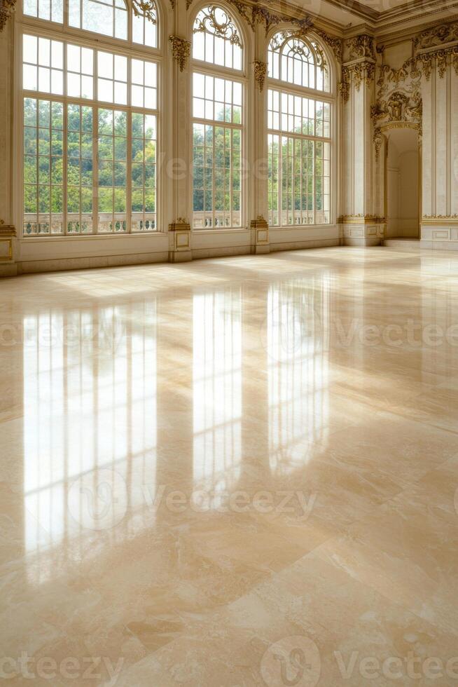 Elegant interior with ornate windows and reflective marble floor photo