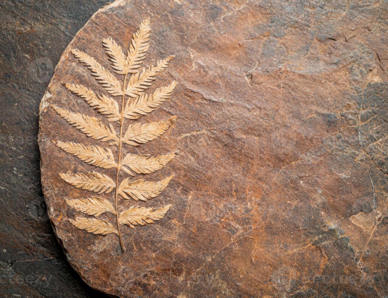 Fossilized fern leaves on rock surface photo