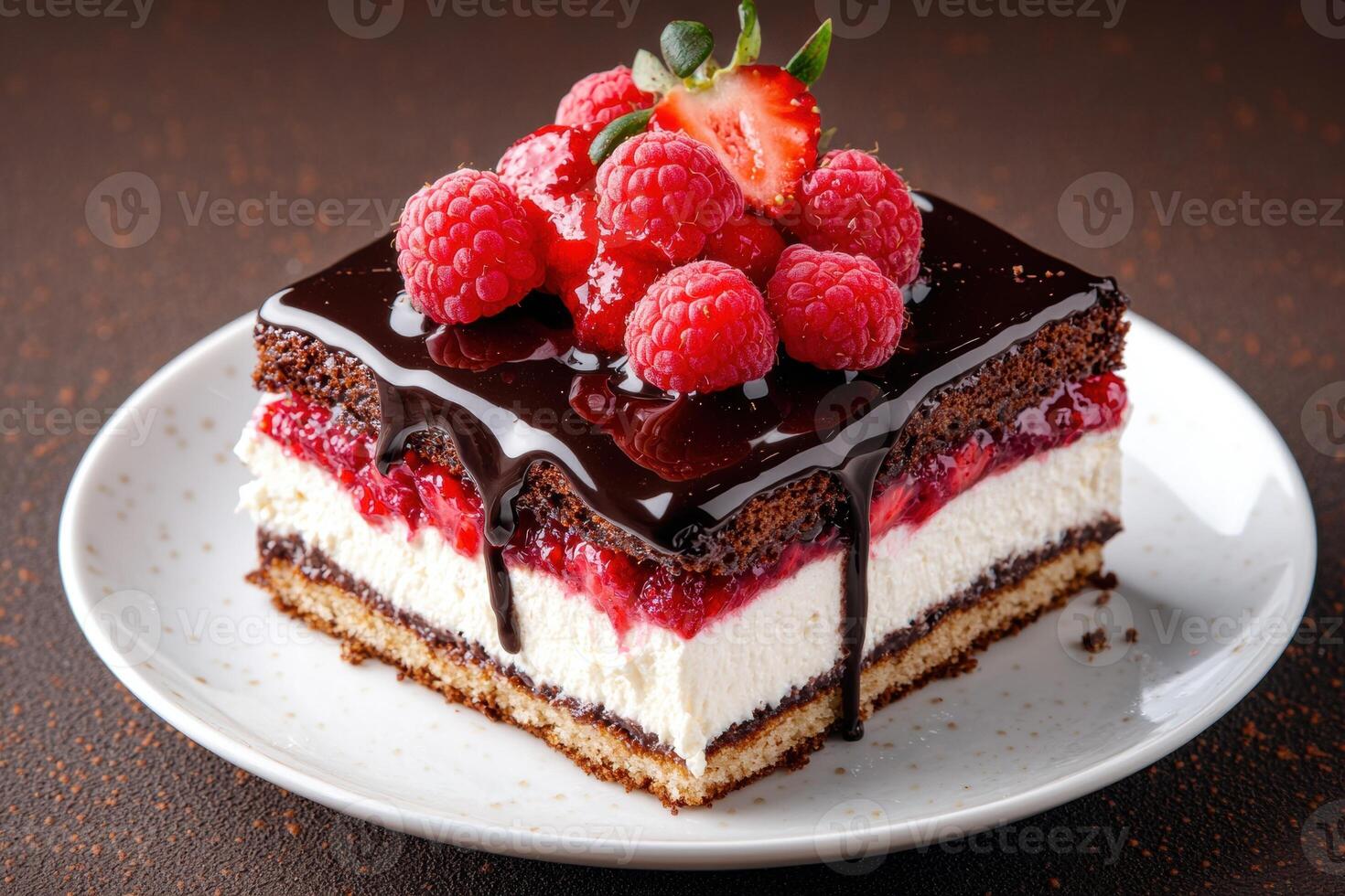 Delicious chocolate and raspberry cake photo