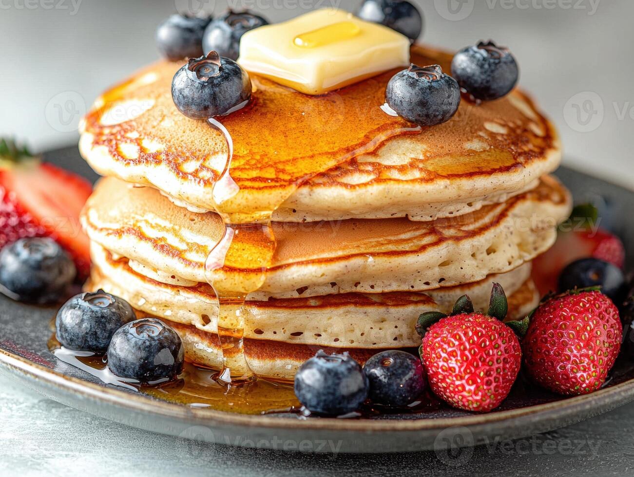 delicious stack of pancakes with fresh berries and maple syrup photo