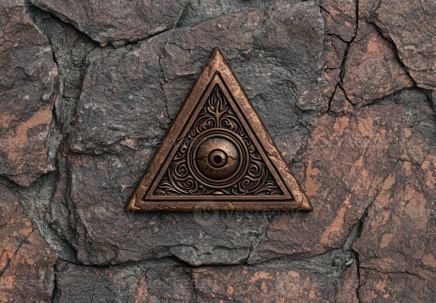 Ornate carved triangle symbol on stone wall photo