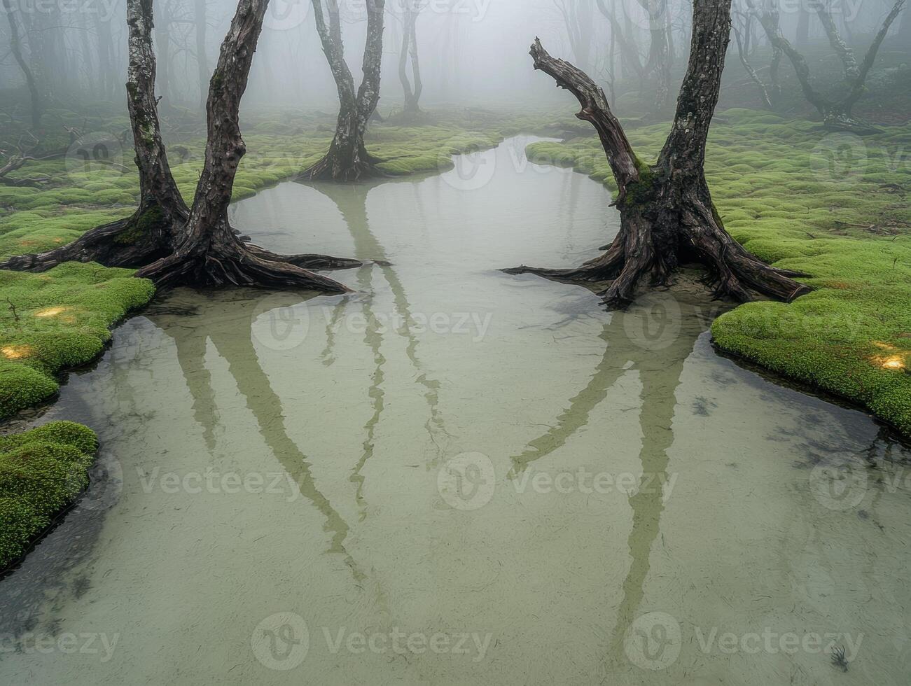 Enchanting forest stream with moss covered trees photo