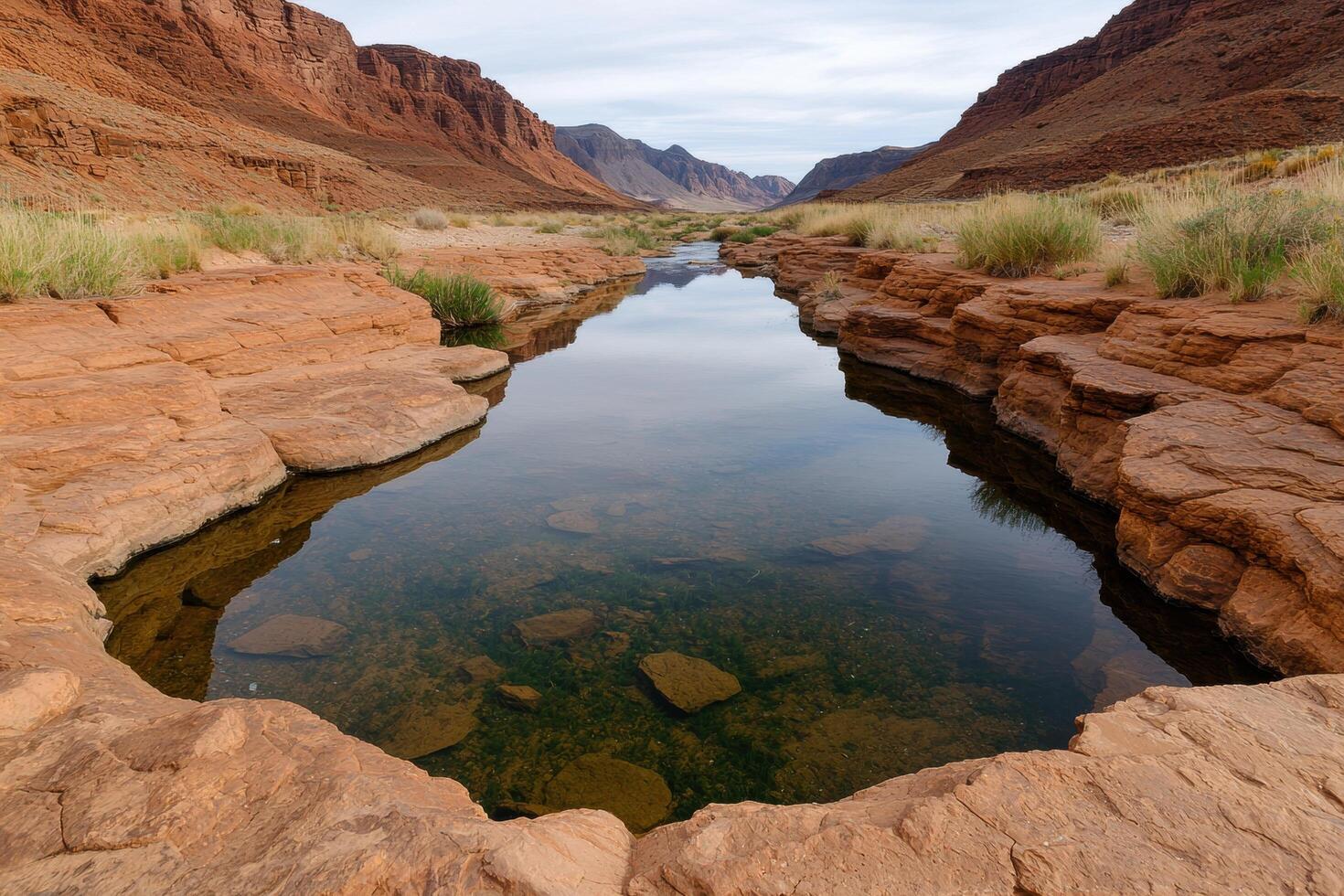 Serene desert landscape with a tranquil stream photo