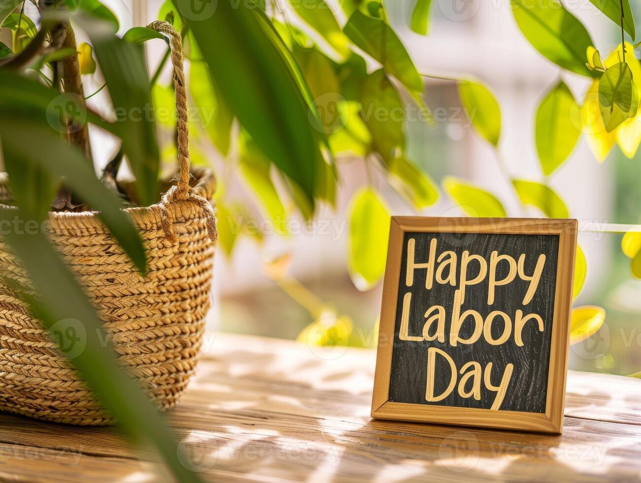happy labor day celebration with woven basket and chalkboard sign photo
