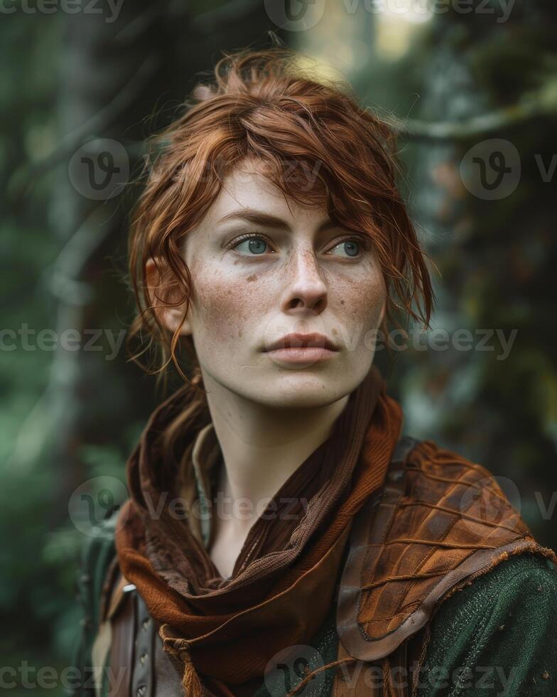 Thoughtful young woman in forest photo