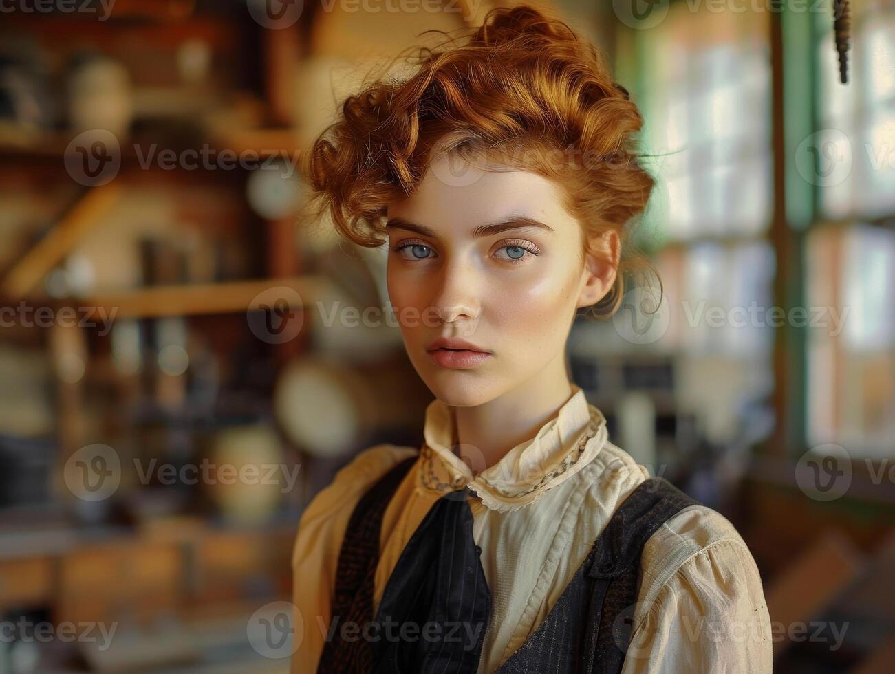 Pensive young woman with curly hair photo