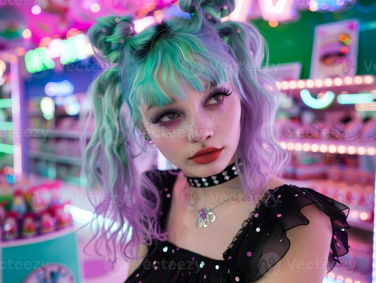 colorful portrait of a young woman with vibrant hair and makeup photo