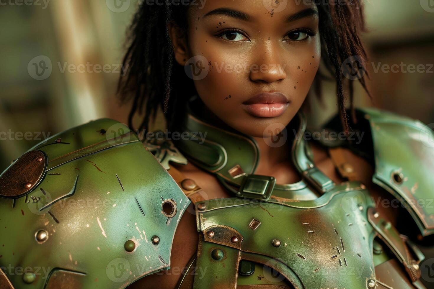 Futuristic warrior woman in green armor photo