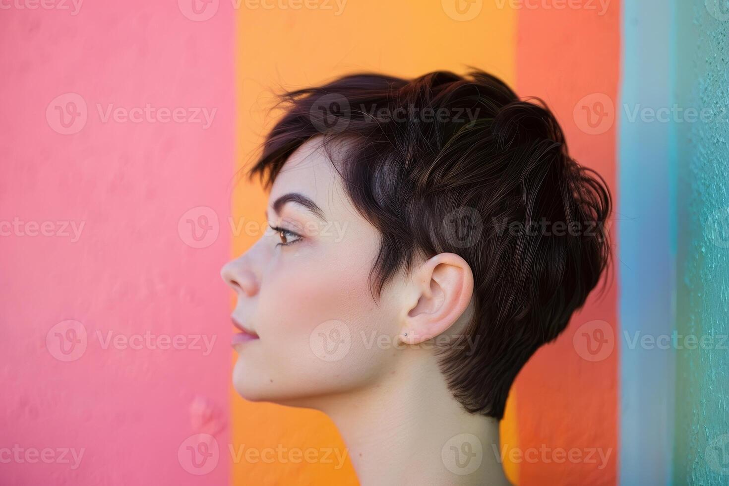 profile of a young woman with dark hair against a colorful background photo