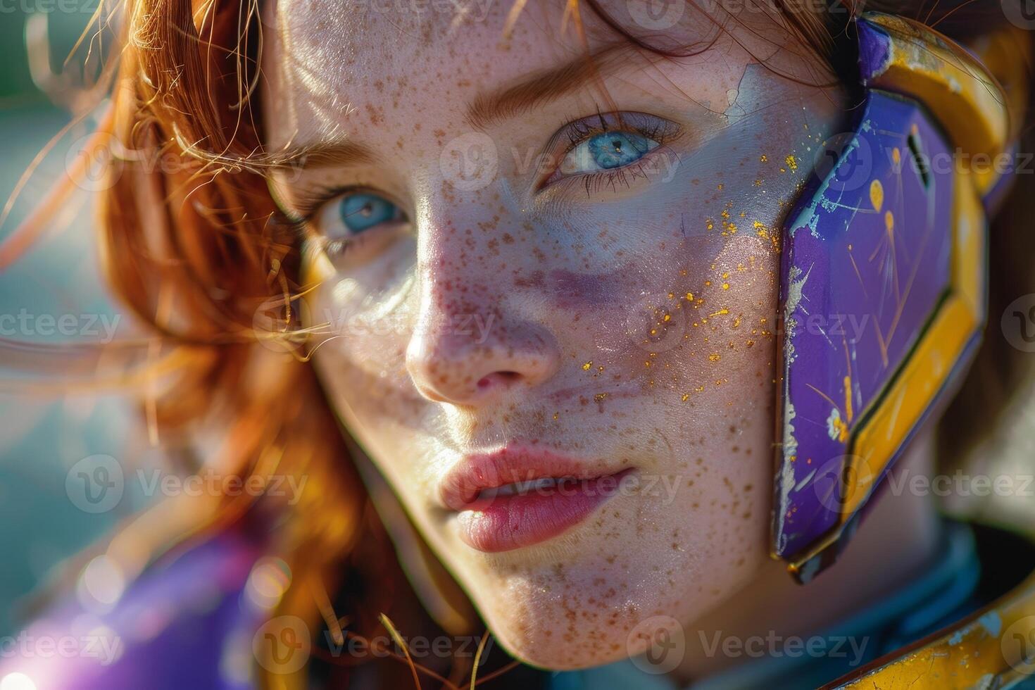 Vibrant portrait of a young woman with freckles and colorful makeup photo
