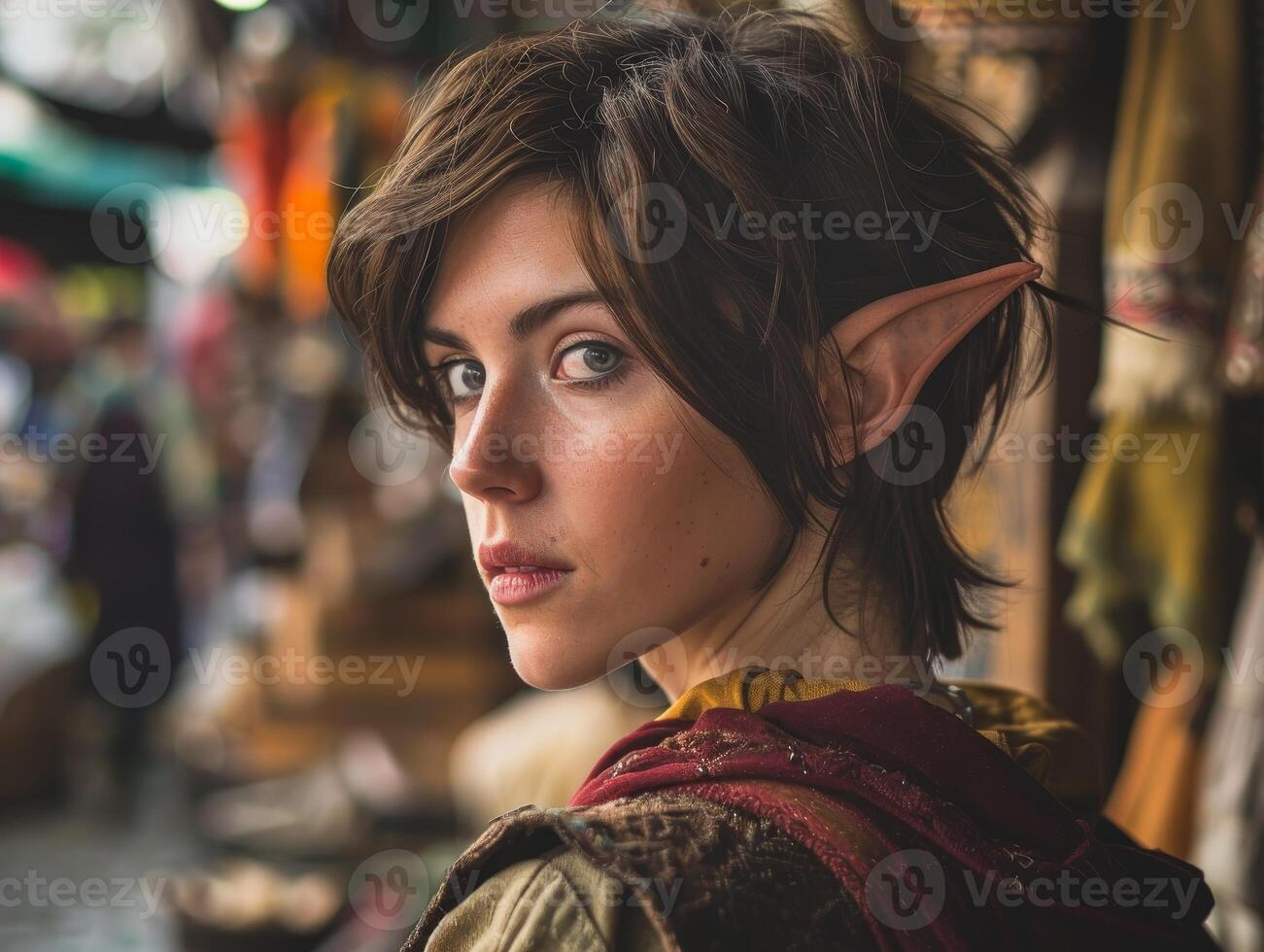 Mysterious woman with elf like ears in fantasy setting photo
