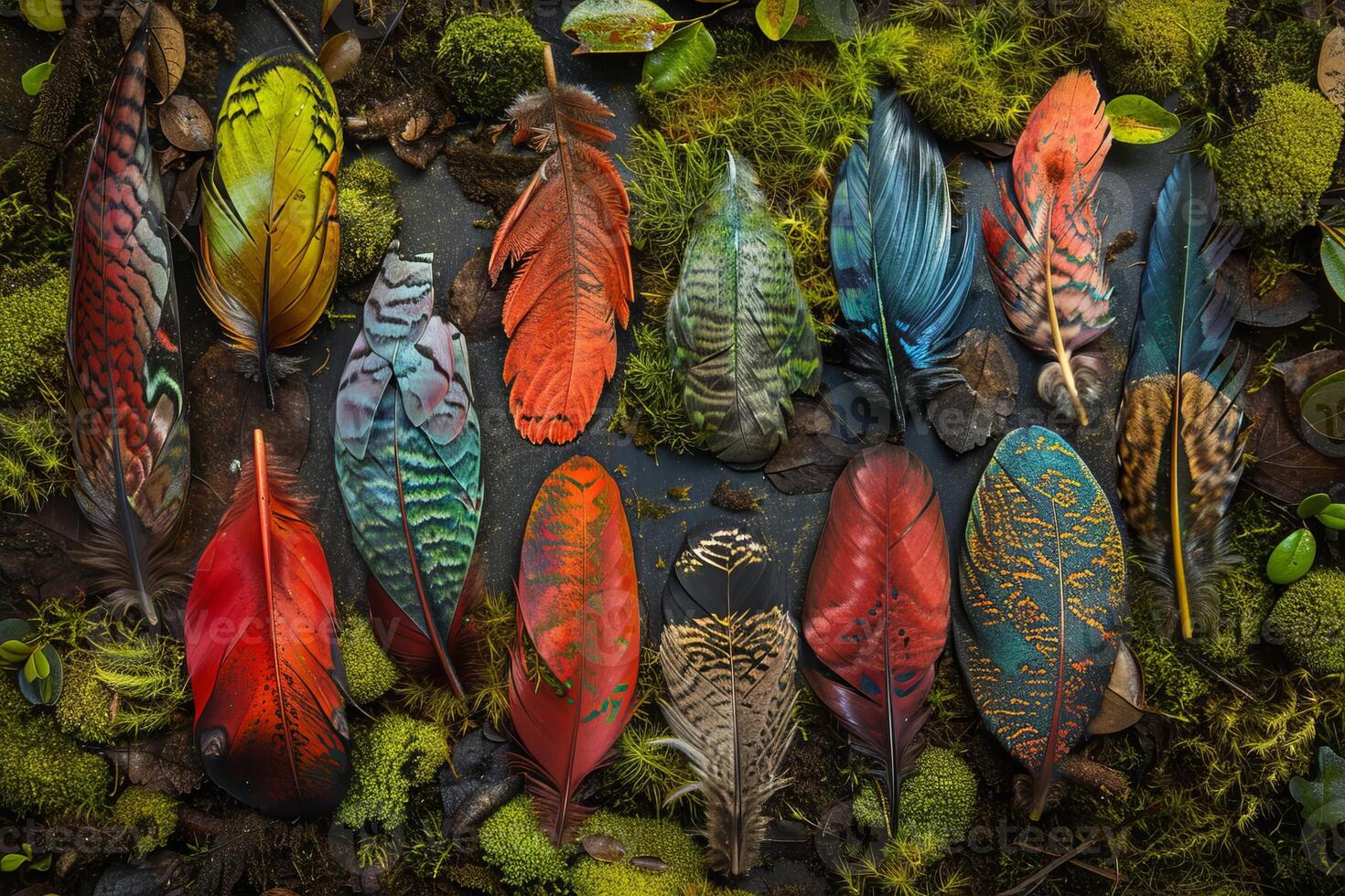 Vibrant Feathers in a Mossy Forest photo