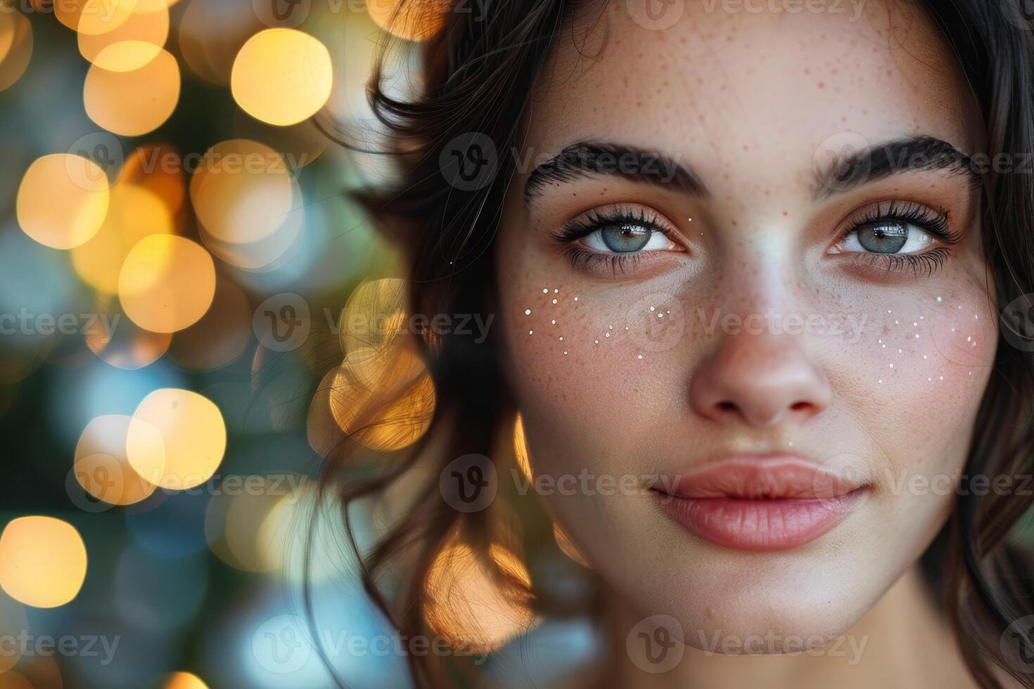 close up portrait of a woman with freckles and sparkling eyes photo