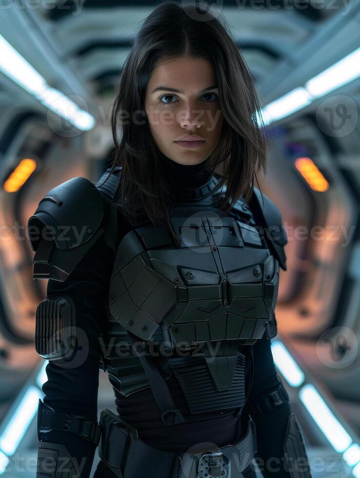 futuristic soldier in black tactical gear photo