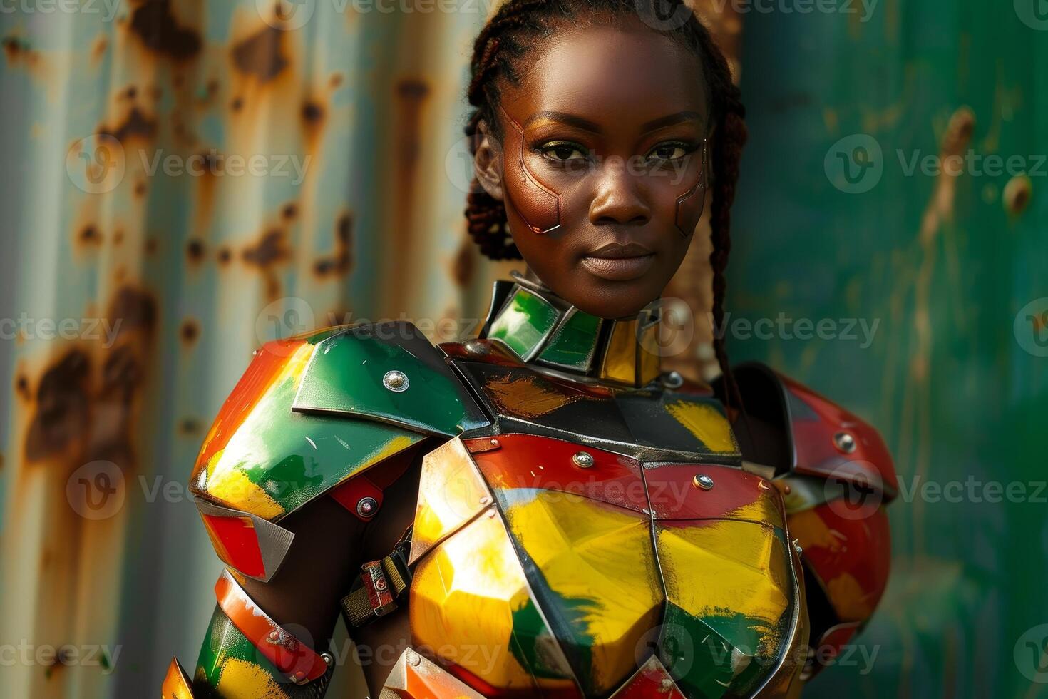 Futuristic warrior in colorful armor photo