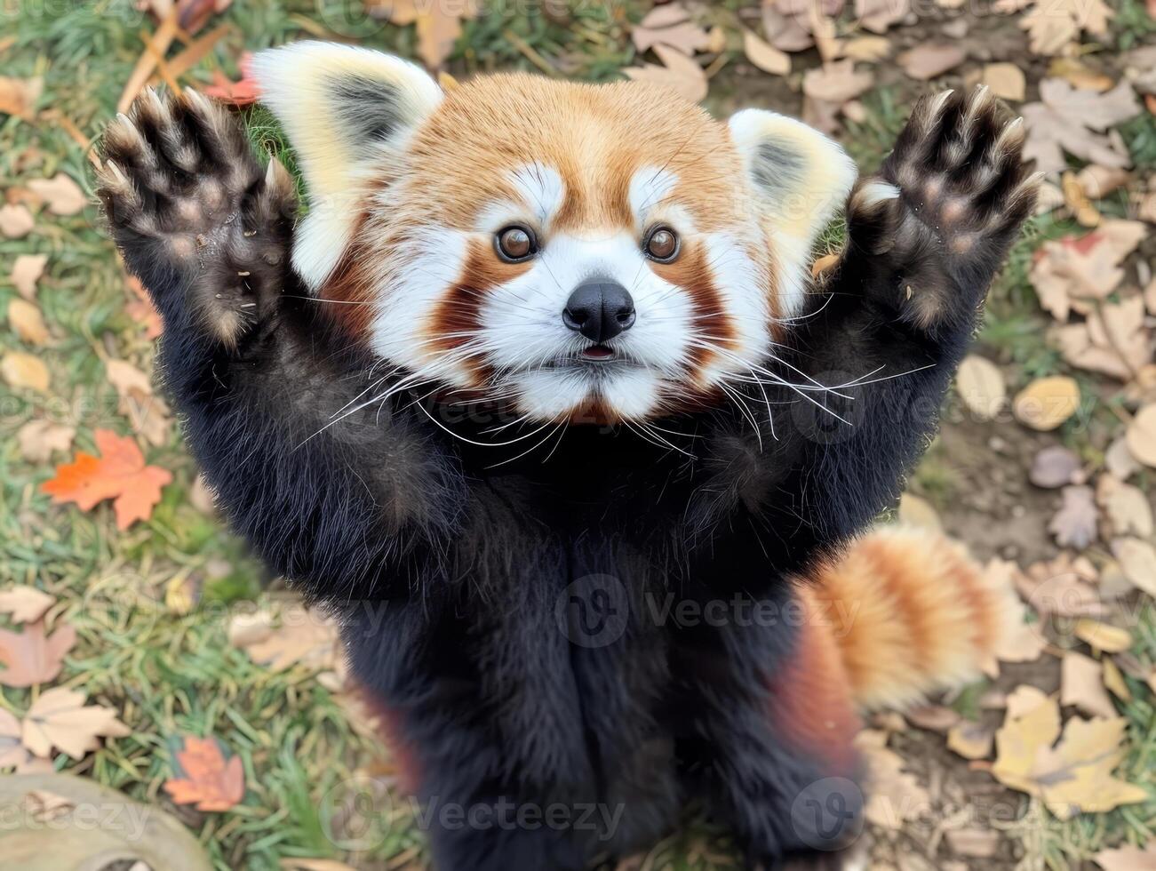 Adorable red panda looking up with paws raised photo