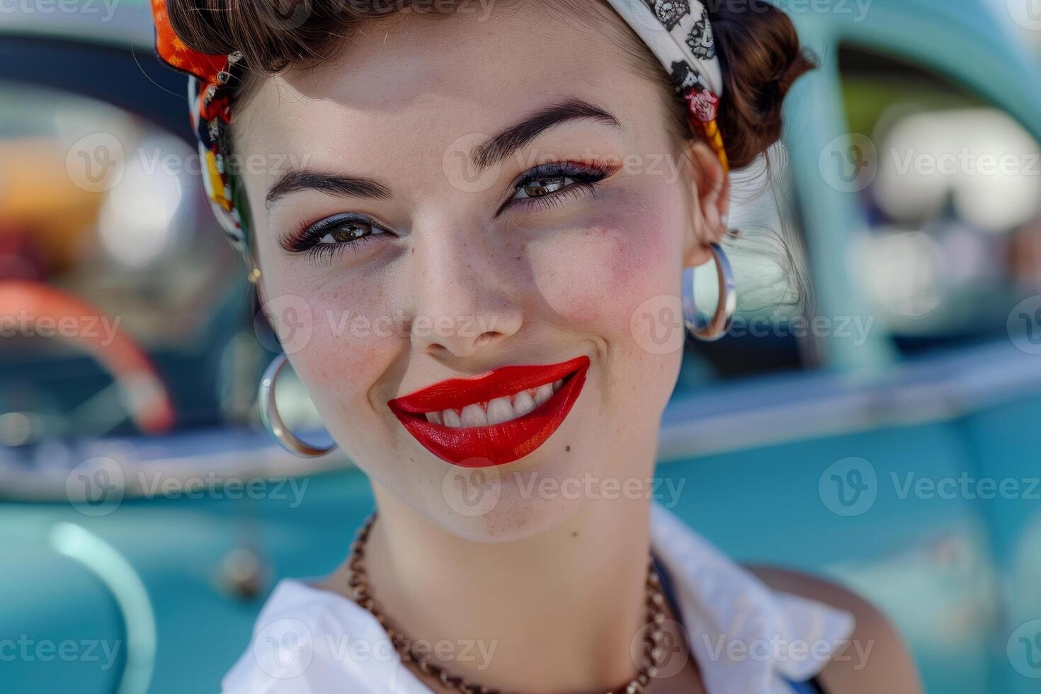 Smiling woman with retro style makeup and hairstyle photo