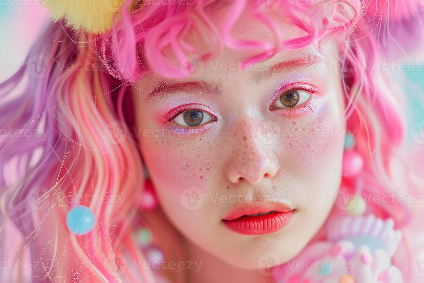 Whimsical portrait of a young person with vibrant pink hair photo