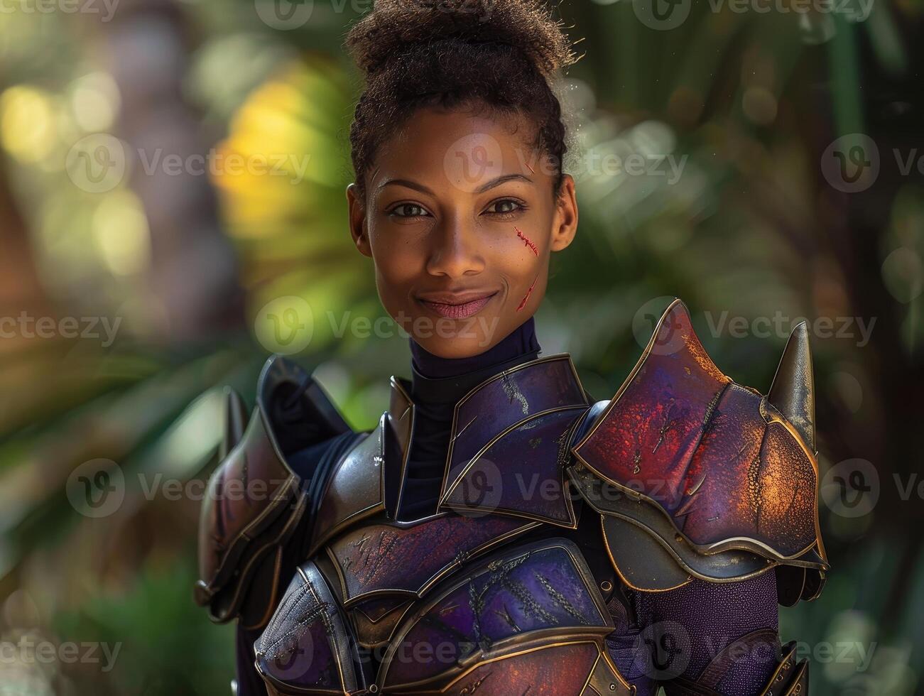 Futuristic warrior woman in colorful armor photo
