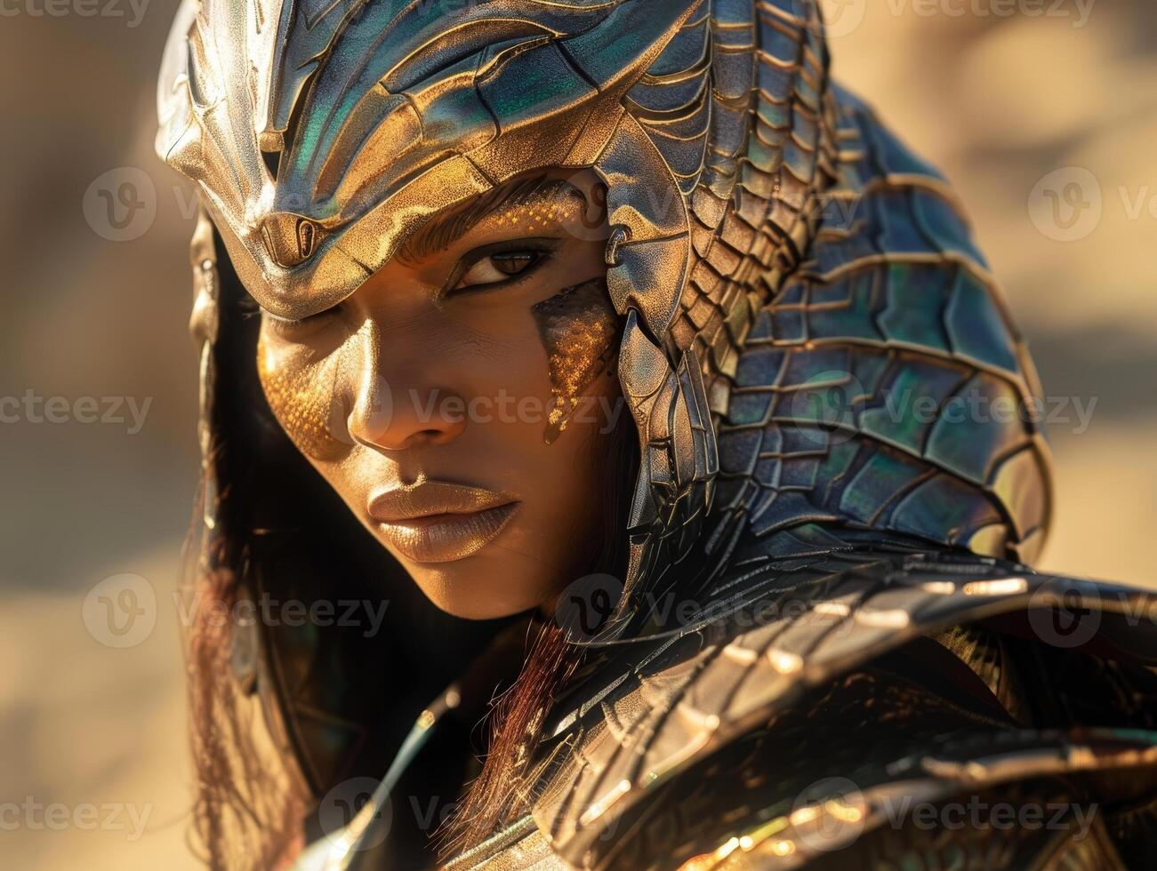 Mysterious warrior in ornate golden armor photo