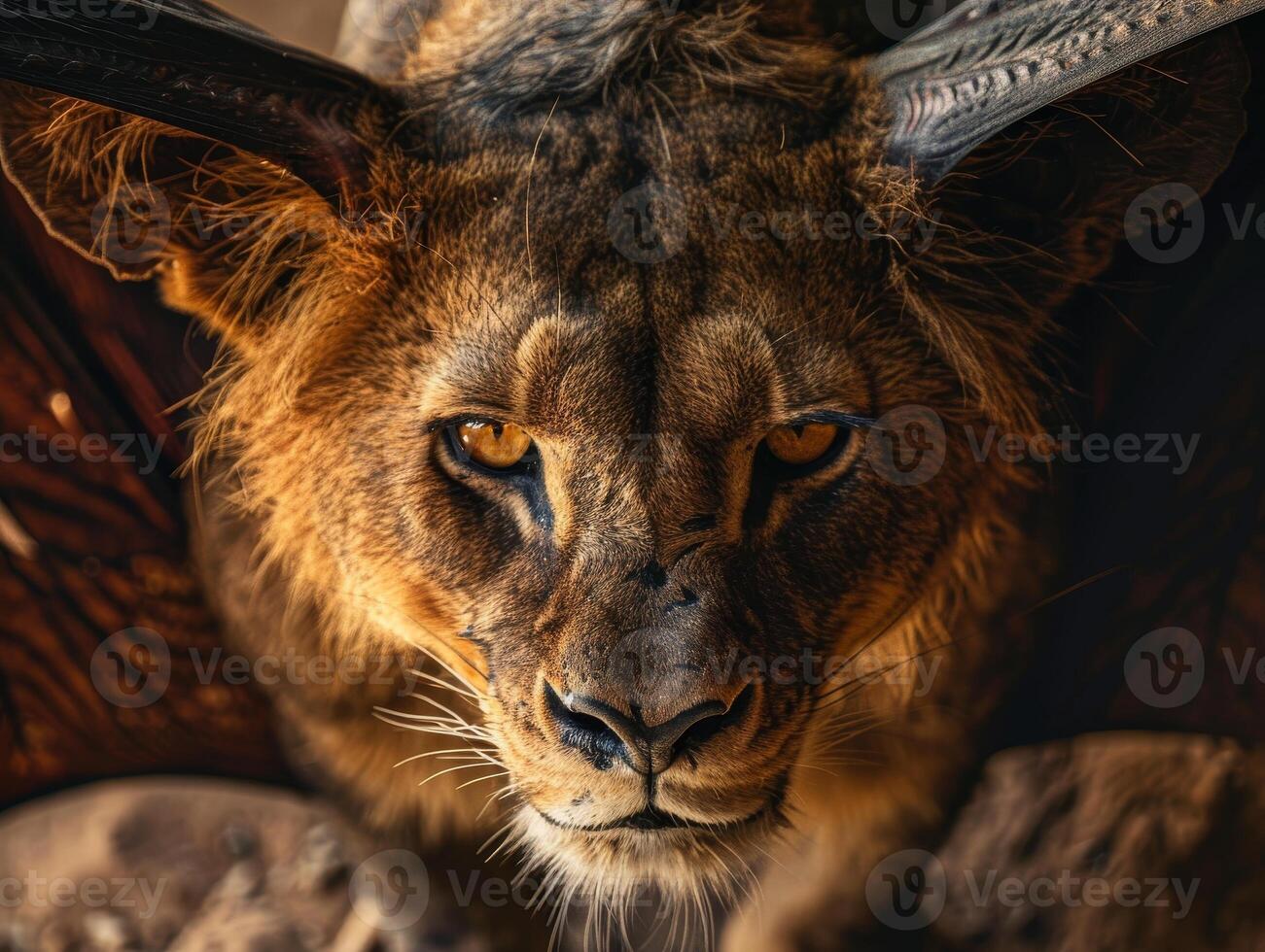 Powerful lions face with intense gaze photo