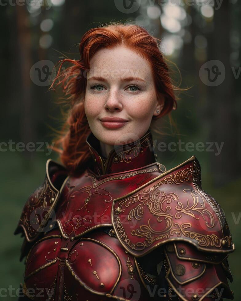 Redheaded woman in ornate medieval armor photo