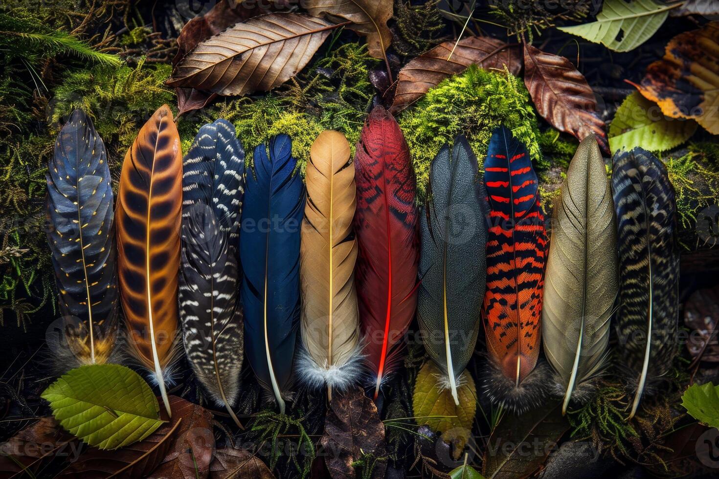 Colorful feathers in a forest setting photo