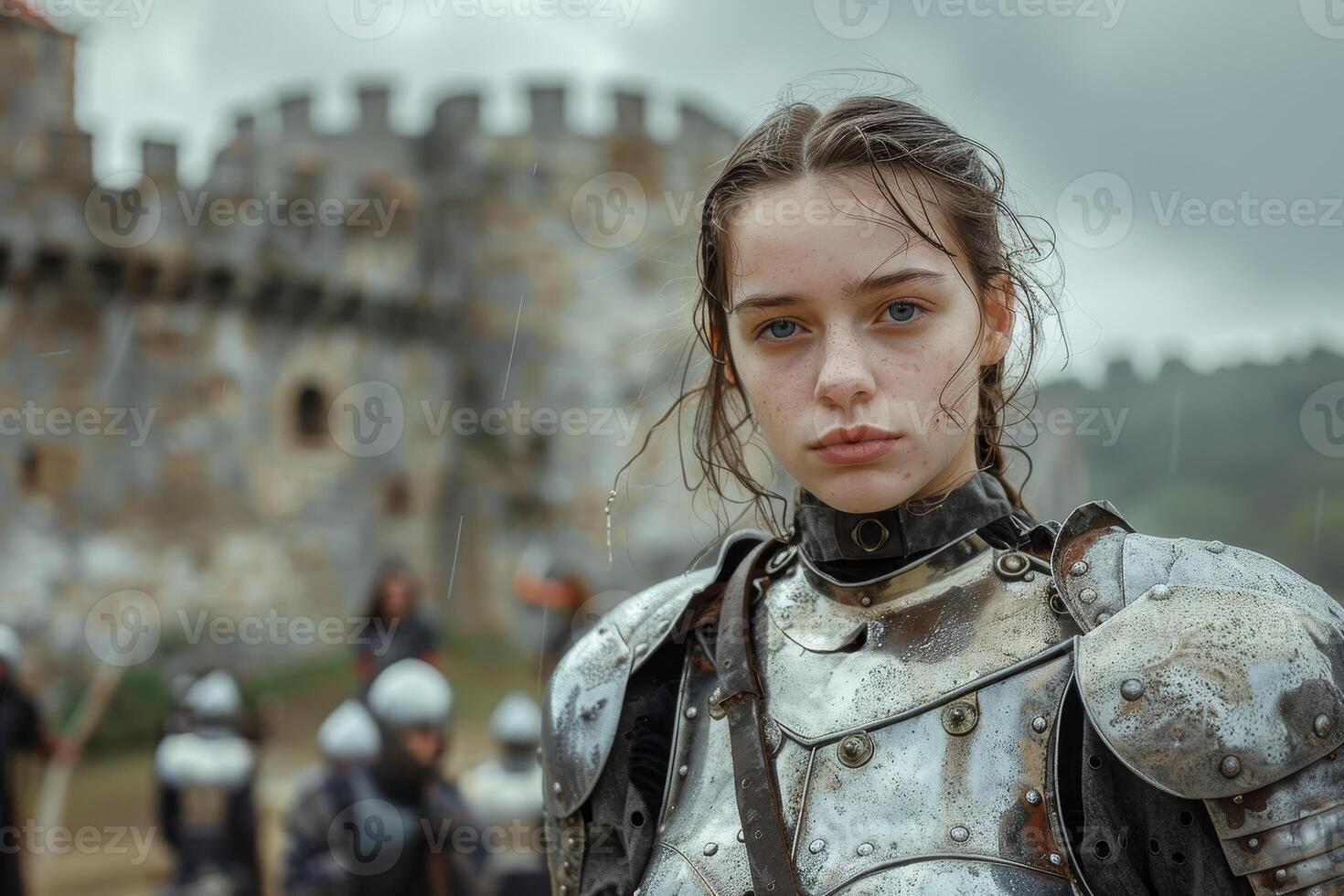 Warrior woman in medieval armor photo
