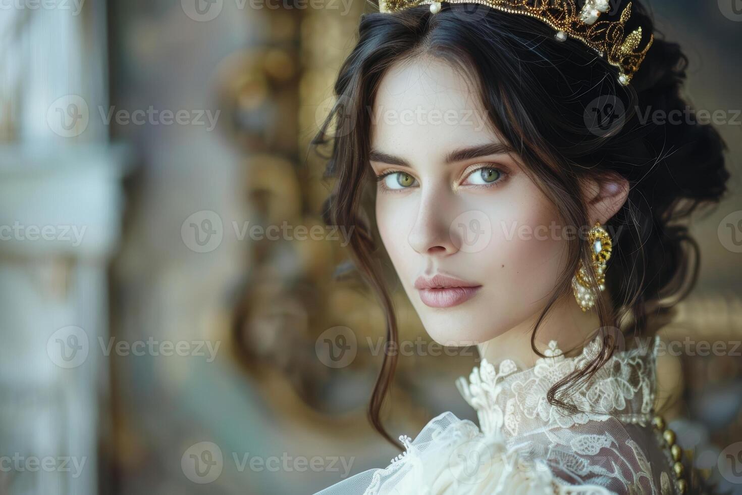 beautiful woman in elegant dress and crown photo