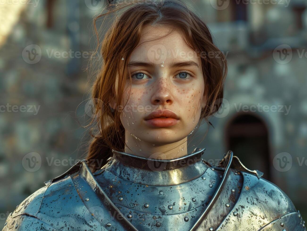 Brave young woman in medieval armor photo