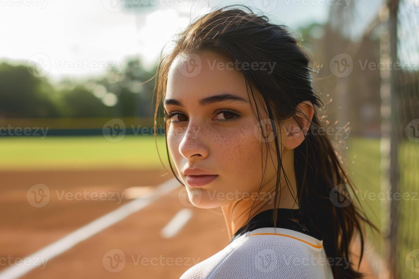 portrait of a young woman with freckles and windswept hair photo