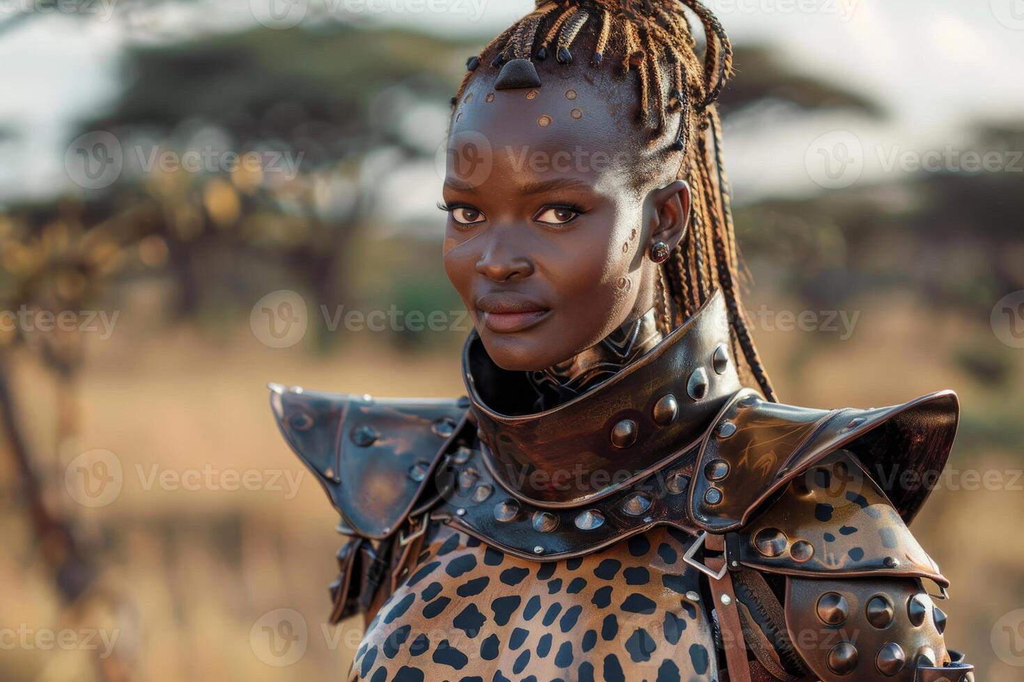 Powerful warrior woman in tribal armor photo