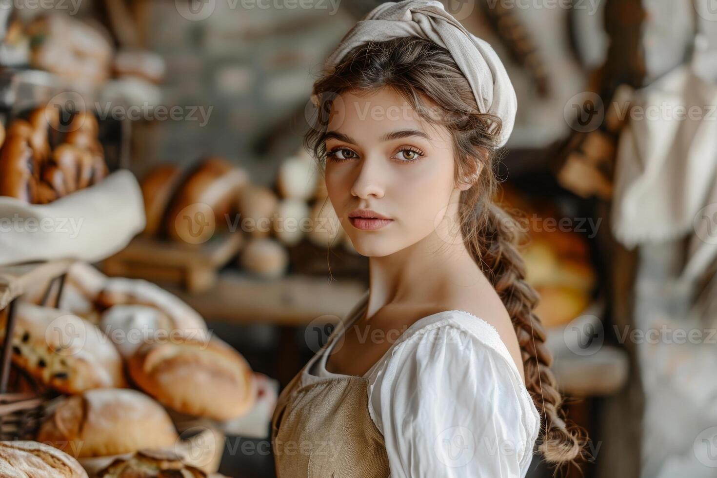 young woman with braided hair and headband in rustic bakery setting photo