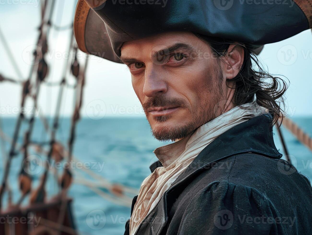 Rugged pirate captain gazing out at the open sea photo