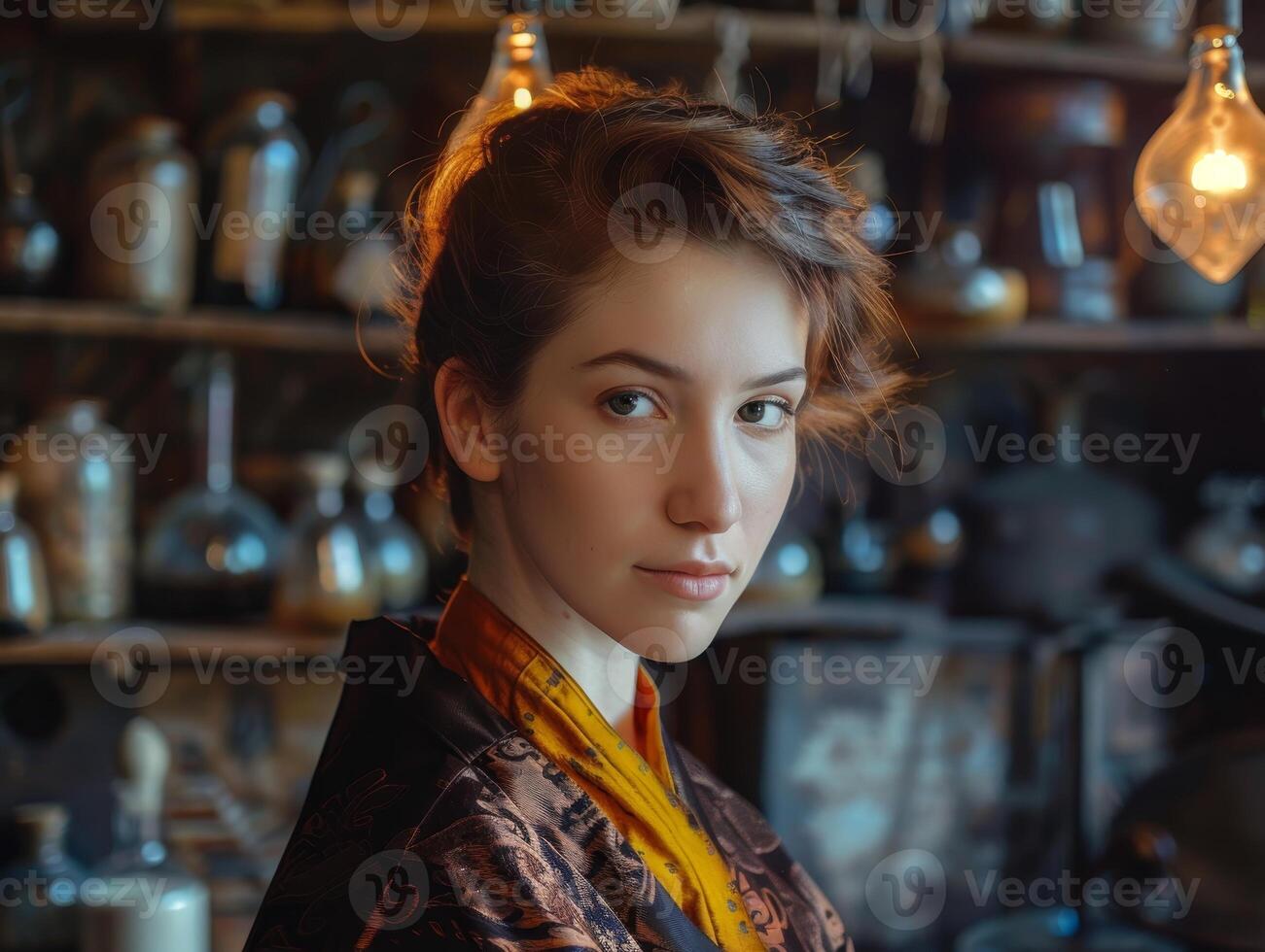 Thoughtful woman in colorful kimono photo