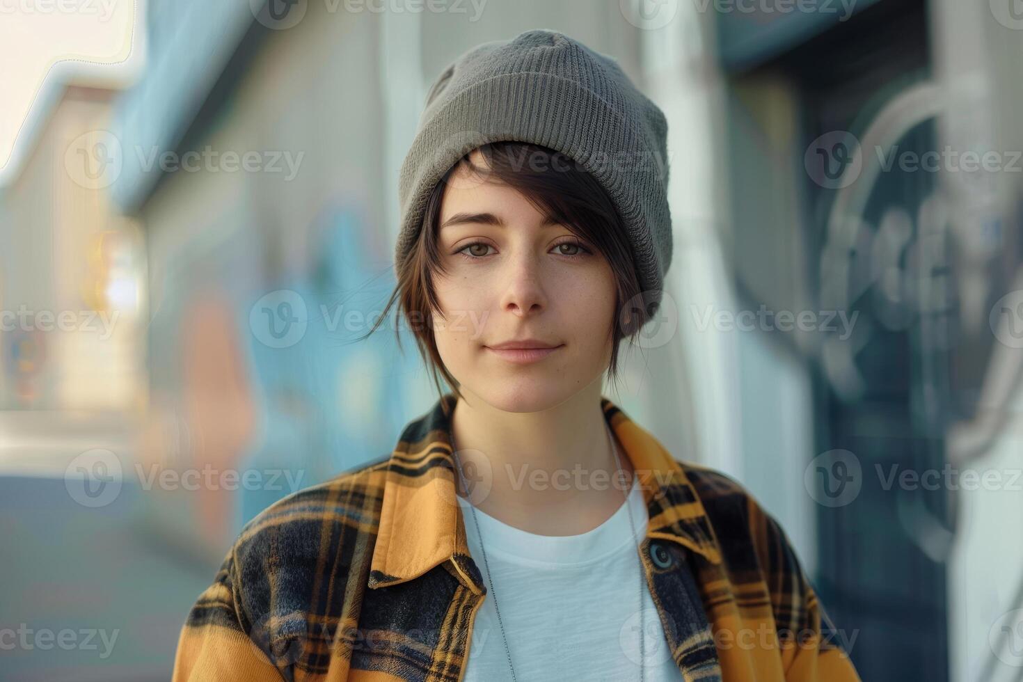 young woman in casual outfit standing in city photo